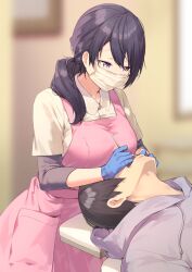 1boy 1girls apron breasts breasts_on_face breasts_on_head busty dentist face_mask female gloves hi_res itohana large_breasts male mask milf open_mouth original ponytail purple_eyes purple_hair straight surgical_mask teeth