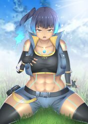 abs blue_hair cameltoe dark-skinned_female dark_skin female_only fingerless_gloves hips legs_apart midriff mouth_open sena_(xenoblade) short_shorts side_ponytail small_breasts sports_bra tan-skinned_female tan_skin tanned thick_thighs thighhighs tomboy toned_abs toned_female xenoblade_(series) xenoblade_chronicles_3