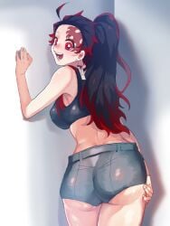 alternate_costume backboob black_hair booty_shorts demon_slayer earrings facial_mark facial_scar female female_only genderswap_(mtf) kamado_tanjirou kimetsu_no_yaiba long_hair looking_at_viewer looking_back open_mouth ponytail rear_view red_eyes rule_63 short_shorts shorts sideboob smile solo sports_bra sweatdrop tight_clothing two_tone_hair underass underbutt