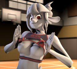 3d animal_ears anthro bovid breasts caprine caprine_demon cheerleader cheerleader_outfit clothed clothing clothing_lift demon female fur furry goat goat_demon goat_lucifer_(helltaker) gym gym_clothing helltaker hi_res horns lucifer_(helltaker) mammal skootroot slim smile smirk solo teasing white_body white_fur