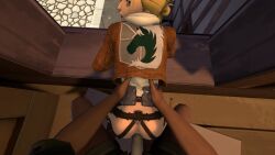 3d 3d_(artwork) anal anal_insertion anal_sex annie_leonhardt anus ass attack_on_titan blonde_hair blue_eyes coat cum cum_in_ass cum_inside dick dildo doggy_style female female_only female_penetrated glasses green_eyes green_hair hoodie laarian military military_uniform no_panties pants_down penis ring sex sfm short_hair soldier source_filmmaker strap-on strapon straps uniform vest