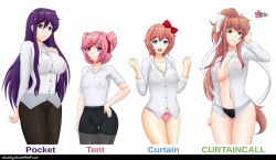 4girls areolae big_breasts blue_eyes breasts brown_hair clouddg curtain_call_challenge doki_doki_literature_club eye_contact female female_only fully_clothed green_eyes hair_ribbon looking_at_viewer meme monika_(doki_doki_literature_club) multiple_girls natsuki_(doki_doki_literature_club) nipples no_pants no_skirt panties pink_eyes pink_hair ponytail purple_eyes purple_hair sayori_(doki_doki_literature_club) standing text thick_thighs transparent_clothing white_background yuri_(doki_doki_literature_club)
