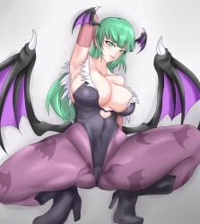 1girls arm_behind_back arm_behind_head arm_sleeves bat_print big_breasts cameltoe capcom captain_rs clothing darkstalkers demon_wings female female_only green_eyes green_hair head_wings heel_boots hi_res leotard long_hair looking_at_viewer medium_breasts morrigan_aensland pantyhose purple_pantyhose sideboob simple_background smiling smiling_at_viewer solo solo_female squatting succubus thick_thighs wings