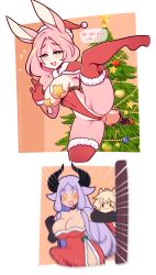 1futa 1girls anthro big_breasts big_penis breasts christmas_outfit christmas_tree clothed clothing covered_nipples cow_ears cow_girl cow_horns duo_focus erection erection_under_clothes female fully_clothed futanari human humanoid legs_up lens_flare light-skinned_futanari mostly_nude penis pink_hair purple_hair rabbit_ears rabbit_girl rabbit_humanoid rabbit_tail re-sublimity-kun revealing_clothes standing tenting thick_thighs wide_hips