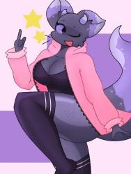 animal asthma__tan barely_clothed big_ass big_breasts big_hips breasts clevage curves curvy curvy_body curvy_female curvy_figure curvy_hips furry giant_breasts grey_skin half-dressed horns kobold large_breasts large_hips long_socks pink_sweater spaceysoda stars thick_legs thick_thighs