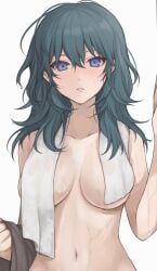 1girls akn_646 artist_name bangs black_shorts blue_eyes blue_hair breasts byleth_(fire_emblem) byleth_(fire_emblem)_(female) covering cowboy_shot female fire_emblem fire_emblem:_three_houses grey_background hair_between_eyes hand_up highres long_hair looking_at_viewer medium_breasts micro_shorts navel nintendo parted_lips revision shimizu_akina solo standing stomach teal_hair towel towel_around_neck twitter_username wet