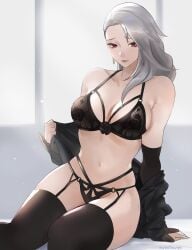 1girls black_bra black_garter_belt black_garter_straps black_lingerie black_stockings black_thong bra female female_focus female_only garter_belt garter_straps lingerie mature_female persona persona_5 sae_niijima silver_hair sitting stockings thighs thong tommietomm undressing