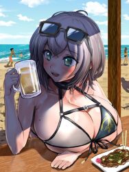 :d alcohol arm_under_breasts bangs bare_shoulders beach beer beer_mug bikini blue_bikini blush breast_rest breasts chopsticks cleavage collarbone cup female food front-tie_bikini front-tie_top green_eyes halter_top halterneck highres holding holding_food hololive hololive_fantasy hololive_japan huge_breasts looking_to_the_side medium_hair micro_bikini mole mole_on_breast mug multi-strapped_bikini nanzokore noodles ocean open_mouth outdoors shirogane_noel silver_hair skindentation sky smile solo_focus sunglasses sunglasses_on_head sushi swimsuit two-tone_bikini upper_body virtual_youtuber white_bikini