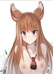 1girls blush brown_hair female female_only holo kemonomimi long_hair looking_at_viewer necklace nstch_root_a nude pale-skinned_female pale_skin red_eyes small_breasts smile solo spice_and_wolf upper_body wolf_ears wolf_girl