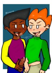 2boys cartoony dark-skinned_male dark_skin darnell_(newgrounds) frottage frotting gay kissing light-skinned_male light_skin male male/male male_only melanin pico's_school pico_(newgrounds) saliva_string saliva_trail sumweirdo toony touching_penis yaoi young