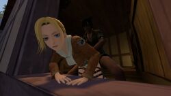 3d 3d_(artwork) anal anal_insertion anal_sex annie_leonhardt anus ass attack_on_titan blonde_hair blue_eyes coat cum cum_in_ass cum_inside dick dildo doggy_style female female_only female_penetrated glasses green_eyes green_hair hoodie laarian military military_uniform no_panties pants_down penis ring sex sfm short_hair soldier source_filmmaker strap-on strapon straps uniform vest