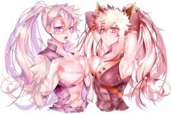 2girls abs areola_slip armpits arms_up big_breasts blush breast_docking breast_press breast_squish breasts_out cleavage crossover demon_slayer elbow_gloves embarrassed facial_scar female female_bakugou female_only genderswap_(mtf) hair_between_eyes katsuki_bakugou kimetsu_no_yaiba long_hair my_hero_academia no_bra open_mouth orange_eyes platinum_blonde_hair ponytail purple_eyes rule_63 sanemi_shinazugawa scar scars silver_hair skin_tight sleeveless spiky_hair tight_clothing toned toned_female tongue_out trako1201 twintails uniform upper_body very_long_hair white_hair