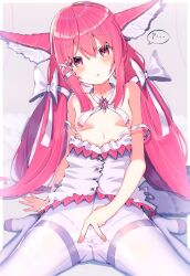 ... ? absurdres animal_ears bangs bare_shoulders blush bow breasts clothes_down commentary_request crossed_bangs dress eyebrows_visible_through_hair female full_body hair_between_eyes hair_ornament hairbow highres looking_at_viewer nahril neck_ribbon original panties panties_under_pantyhose pantyhose parted_lips pink_eyes pink_hair pussy ribbon sidelocks sitting small_breasts solo spoken_ellipsis spoken_question_mark spread_pussy_under_clothes tail twintails underwear wariza white_background white_bow white_dress white_ribbon x_hair_ornament