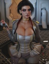 1girls 3d absurd_res apex_legends areola_slip areolae artist_logo big_breasts black_hair blue_eyes breasts cleavage cosplay female female_only fingerless_gloves gloves hi_res jill_valentine jill_valentine_(sasha_zotova) large_breasts loba_(apex_legends) loba_(apex_legends)_(cosplay) petite resident_evil resident_evil_3 resident_evil_3_remake rude_frog seductive_eyes solo