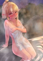 arm_support bath berotore blonde_hair blush breasts closed_mouth covering dark-skinned_female dark_elf dark_skin elf embarrassed feet_out_of_frame female high_ponytail highres holding holding_towel hololive hololive_fantasy hololive_japan large_breasts long_hair looking_at_viewer multicolored_hair narrow_waist nude nude_cover onsen orange_eyes pointy_ears see-through shiranui_flare sitting soaking_feet solo streaked_hair sweat towel virtual_youtuber wet_towel wide_hips