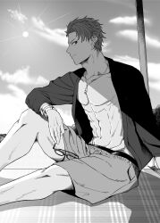 1boy bara beach big_pecs black_and_white fate/grand_order fate_(series) hi_res irokawa_19 lancelot_(fate) male male_focus male_only manga_style muscles muscular muscular_male original pecs sitting