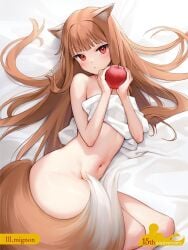 1girls 2d apple artist_name blush brown_hair convenient_censoring cute female female_only holo kemono light-skinned_female light_skin long_hair looking_at_viewer mignon navel on_back on_bed pale-skinned_female pale_skin red_eyes solo spice_and_wolf tail watermark wolf_ears wolf_girl wolf_tail