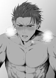 1boy abs bara bed bedroom black_and_white blush canon_couple couple fate/grand_order fate_(series) hi_res irokawa_19 lancelot_(fate) male male_only missionary missionary_position missionary_sex muscles muscular muscular_male original plain_background pov romantic romantic_ambiance romantic_sex visible_breath