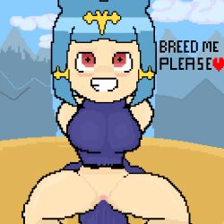 1:1 accessory aroused_face aroused_smile background_sky big_breasts blue_hair blushed breasts clothing demon devil_horns_(disambiguation) dialogue digital_media_(artwork) female female_only genitals hair hair_accessory hi_res human humanoid looking_at_viewer mammal one-piece_swimsuit pixel_art pointy_hair profdatdrawin1556 pussy red_eyes solo solo_female swimwear thighs