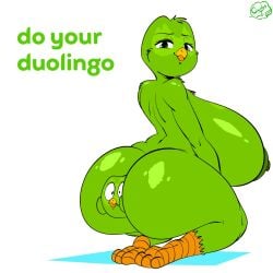 anthro ass avian better_version_at_source between_cheeks big_ass big_breasts big_butt bird breasts butt_squish carlos_jurado_cartoons duo duo_(duolingo) duolingo feet female green_body hi_res looking_at_viewer looking_back male male/female mascot owl reminder size_difference smile squish talons toes