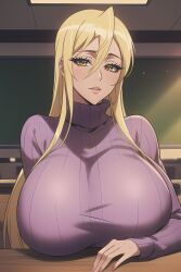 ai_generated big_breasts blonde blonde_female blonde_hair blonde_hair_female giant_breasts highschool_of_the_dead huge_breasts large_breasts purple_sweater shizuka_marikawa sweater yellow_eyes