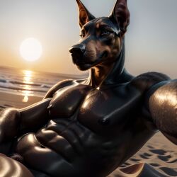 ai_generated anthro beach beach_background black_body canid canine canis director_homer_26 dobermann domestic_dog first_person_view fur furry glistening glistening_body hi_res humanoid lying male mammal muscular nude pinscher pose seaside selfie solo solo_focus wet