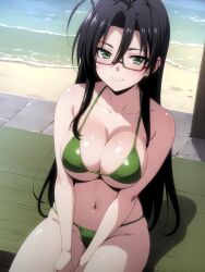 ai_generated beach big_boobs big_breast big_breasts bikini black_hair black_hair_female glasses green_bikini green_eyes green_swimsuit green_swimwear hasegawa_chisato huge_breast huge_breasts large_breast large_breasts mature_female mature_woman milf older_female older_woman red_glasses shinmai_maou_no_testament swimsuit swimwear