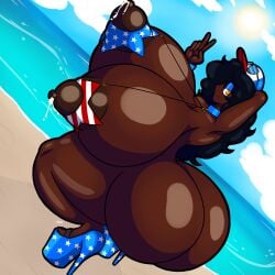 2022 2d 2d_(artwork) 5_fingers american_flag american_flag_bikini areola areolae ass beach big_ass big_breasts big_thighs black_hair blue_eyeshadow breasts dark-skinned_female dark_skin dr.ebunny_(jiqqy) female_only hi_res high_heels highres huge_ass huge_breasts hyper hyper_ass hyper_breasts hyper_thighs jiqqy lactating lactation large_ass large_breasts large_thighs milk nipples original original_character outdoors peace_sign platform_heels thighs yellow_eyes