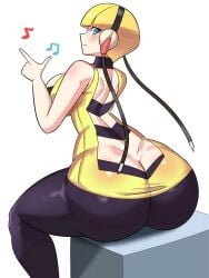 1girls ass ass_cleavage ass_focus big_ass blonde_hair bottom_heavy breasts bubble_butt butt_crack clothing elesa_(pokemon) fat_ass female female_only huge_ass large_ass looking_at_viewer looking_back pokemon sitting solo thick_ass thick_thighs wide_hips ytrall