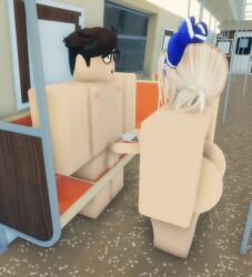 1boy 1girls 3d 3d_(artwork) areolae ass barefoot big_ass big_breasts breasts charlotte_(that_rel) completely_nude completely_nude_female female full_body harris_(that_rel) male naked naked_female nipples nude nude_female penis public public_nudity roblox robloxian standing that_rel train