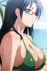 ai_generated beach big_breast big_breasts bikini black_hair black_hair_female glasses green_bikini green_eyes green_swimsuit green_swimwear hasegawa_chisato huge_breast huge_breasts large_breast large_breasts mature_female mature_woman milf older_female older_woman red_glasses shinmai_maou_no_testament sling_bikini sling_swimsuit slingshot_bikini slingshot_swimsuit swimsuit swimwear