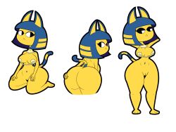 4:3 animal_crossing ankha ankha_(animal_crossing) anthro apopop ass big_breasts big_butt breasts domestic_cat felid feline felis female front_view frown genitals hand_on_butt hands_behind_head hi_res huge_breasts kneeling mammal mostly_nude multiple_poses nintendo pasties pose pussy rear_view simple_background solo video_games