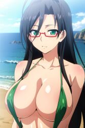 ai_generated beach big_boobs big_breast big_breasts bikini black_hair black_hair_female glasses green_bikini green_eyes green_swimsuit green_swimwear hasegawa_chisato huge_breast huge_breasts large_breast large_breasts mature_female mature_woman milf older_female older_woman red_glasses shinmai_maou_no_testament sling_bikini sling_swimsuit slingshot_bikini slingshot_swimsuit swimsuit swimwear