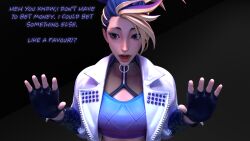 1girls 3d 3d_(artwork) akali blender blender_(software) blender_cycles blonde_hair blue_hair erevos female gloves image_set k/da_all_out_akali k/da_all_out_series k/da_series league_of_legends looking_away solo_female surprised two_tone_hair