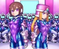 aile ash blonde_hair bodysuit boots bracers breasts brown_hair capcom collar corruption drone droneification dronification empty_eyes enemy_conversion female_only haigure hat helmet leotard long_hair looking_at_viewer mega_man mega_man_zx monitor multiple_girls prairie purple_eyes short_hair small_breasts thighhighs transformation