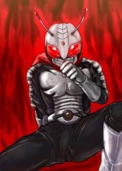 1boy abstract_background antennae_(anatomy) armor armored_male belt bodysuit bodysuit_bulge boots bulge bulge_through_clothing clothed fully_clothed gloves hand_to_own_mouth kamen_rider kamen_rider_super-1 kamen_rider_super-1_(series) leg_up male male_focus male_only masked masked_male red_background red_eyes red_scarf scarf sitting solo solo_focus solo_male