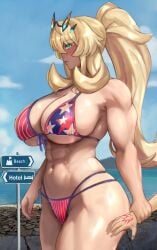 1boy 1girls 2024 abs alternate_version_available barghest_(gawain)_(fate) beach bikini bikini_bottom bikini_top blonde_hair blush breasts_bigger_than_head cleavage fate/grand_order fate_(series) female fujimaru_ritsuka_(male) green_eyes holding_arm holding_wrists huge_breasts light-skinned_female light-skinned_male light_skin light_skinned_female light_skinned_male long_blonde_hair long_ponytail male miyamoto_musashi_(fate)_(cosplay) muscular muscular_abs muscular_arms muscular_female muscular_legs muscular_thighs navel offscreen_character ponytail raskasar sideboob size_difference smaller_male taller_female thick_thighs underboob voluptuous voluptuous_female wide_hips