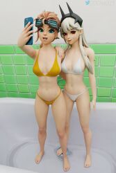 2girls barefoot breasts feet fortnite giocamolly lexa_(fortnite) multiple_girls nude outerwear princess_lexa_(fortnite) selfie soles swimsuit sylvie_(fortnite) toes