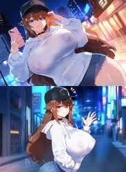 ai_generated blue_eyes brown_hair choker contact_lens female hat henrik_n hololive hololive_gen_0 hololive_japan hoodie huge_breasts light-skinned_female looking_at_viewer massive_breasts nail_polish night nipple_bulge nipples_visible_through_clothing no_bra novelai outdoors phone pink_nails shorts solo thiccwithaq_(ai_style) thick_thighs thighs tokino_sora venus_body virtual_youtuber voluptuous waving wide_hips