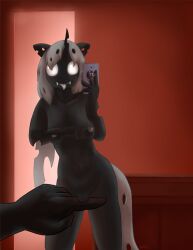 anthro arthropod big_breasts breasts changeling female friendship_is_magic genitals hi_res looking_at_viewer meme mirror mirror_selfie my_little_pony one_finger_selfie_challenge phone portrait pussy selfie silver_lies solo three-quarter_portrait tongue tongue_out warskunk_(artist)