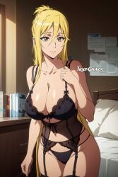 ai_generated big_breast big_breasts black_bra black_lingerie black_stockings black_underwear blonde blonde_female blonde_hair blonde_hair_female bra garter_belt garter_straps highschool_of_the_dead huge_breast huge_breasts large_breast large_breasts lingerie panties shizuka_marikawa stockings tiger-groves yellow_eyes