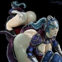 asshole big_ass big_breasts blue_hair bottomless bottomless_female dota_2 grabbing_ass grabbing_own_ass light_skinned_female looking_at_viewer luna_(dota) multiple_views pussy sweat thecountducko