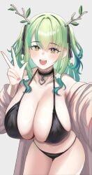 1girls bikini branch_horns breasts ceres_fauna ceres_fauna_(3rd_costume) desspie female green_hair high_resolution hololive hololive_english hololive_english_-council- hololive_english_-promise- horns huge_breasts light-skinned_female light_skin long_hair selfie virtual_youtuber yellow_eyes