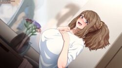 1girls before_sex big_breasts brown_hair coill_city_(neocoill) detailed_background female_focus female_only hand_on_breast large_breasts married_woman mature_female milf molly_(neocoill) neocoill older_female patreon patreon_username shocked_expression tied_hair twitter twitter_username unseen_male_face