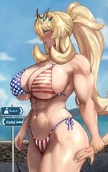 1boy 1girls 2024 abs alternate_version_available american_flag_bikini american_flag_bikini_bottom american_flag_bikini_top barghest_(gawain)_(fate) beach bikini bikini_bottom bikini_top blonde_hair blush breasts_bigger_than_head cleavage fate/grand_order fate_(series) female fujimaru_ritsuka_(male) green_eyes holding_arm holding_wrists huge_breasts light-skinned_female light-skinned_male light_skin light_skinned_female light_skinned_male long_blonde_hair long_ponytail male muscular muscular_abs muscular_arms muscular_female muscular_legs muscular_thighs navel offscreen_character ponytail raskasar sideboob size_difference smaller_male taller_female thick_thighs underboob voluptuous voluptuous_female wide_hips