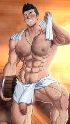 1boy armpit_hair balls bara beard_stubble big_balls big_penis black_hair bleach blush bulge daddy dilf grelx hairy_chest isshin_kurosaki male male_focus male_nipples male_only male_pubic_hair mature_male muscular_male nipples nude penis solo_male