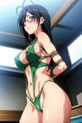 ai_generated big_breast big_breasts bikini black_hair black_hair_female bondage glasses green_bikini green_eyes green_swimsuit green_swimwear hasegawa_chisato huge_breast huge_breasts large_breast large_breasts mature_female mature_woman milf older_female older_woman red_glasses shinmai_maou_no_testament sling_bikini sling_swimsuit slingshot_bikini slingshot_swimsuit swimsuit swimwear tied tied_arms tied_hands tied_up