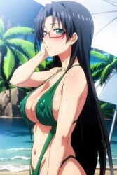 ai_generated beach big_breast big_breasts bikini black_hair black_hair_female glasses green_bikini green_eyes green_swimsuit green_swimwear hasegawa_chisato huge_breast huge_breasts large_breast large_breasts mature_female mature_woman milf older_female older_woman red_glasses shinmai_maou_no_testament sling_bikini sling_swimsuit slingshot_bikini slingshot_swimsuit swimsuit swimwear