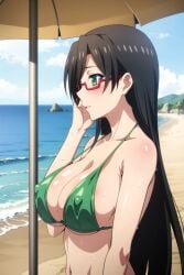 ai_generated beach big_breast big_breasts bikini black_hair black_hair_female glasses green_bikini green_eyes green_swimsuit green_swimwear hasegawa_chisato huge_breast huge_breasts large_breast large_breasts mature_female mature_woman milf older_female older_woman red_glasses shinmai_maou_no_testament sling_bikini sling_swimsuit slingshot_bikini slingshot_swimsuit swimsuit swimwear