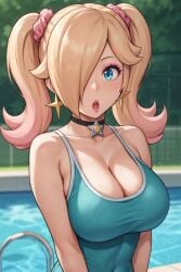 :o ai_generated aimoonshine alternate_costume blonde_hair blue_eyes blue_one-piece_swimsuit blurry_background choker cleavage gradient_hair gyaru hair_over_one_eye hair_scrunchie kogal large_breasts looking_at_viewer makeup mario_(series) nintendo one-piece_swimsuit open_mouth outdoors pink_eyeshadow pink_hair pink_lipstick pool poolside princess_rosalina school_swimsuit standing star_choker star_earrings super_mario_galaxy surprised swimming_pool swimsuit twintails upper_body water wavy_hair